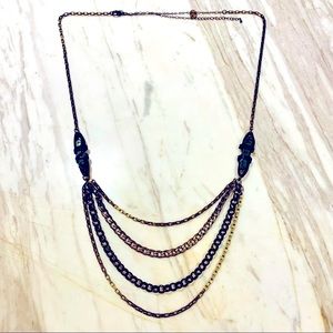 🔮Brass Four Chain Necklace with Blue Iridescent Crystals 32”-37”